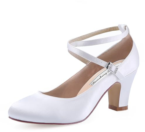 Duosheng & Elegant HC1808 Cerrado Puntiaguda Cruzar Correas Mujer Estilete Bloquear Tacon Altos Satín HC1808 Boda Nupcial Zapatos Blanco EU 38