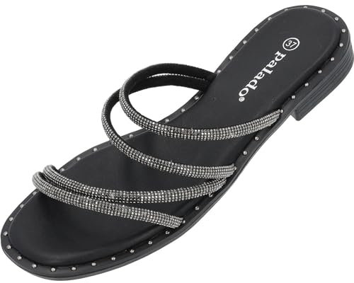 Palado Damen Pantoletten Celleri - bequeme Sandalen mit Metallic Optik - Hausschuhe für Frauen - flache Sommerschuhe Schwarz UK6 - EU39