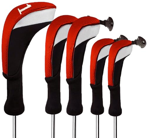 Couvre Club De Golf Bois 5 Pièces Conducteur 1 3 5 Hybrid Driver Fairway Woods Capuchons Long Neck, Covers Golf Head pour Femme Homme Enfant Cadeaux (Rouge)