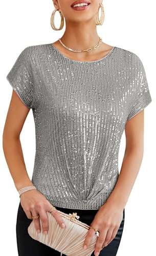 GRACE KARIN Vintage 70er Sparkle Shimmer Weste mit Kurzarm Elegant Rundhals Schmale Passform Blusen Pailletten Top Silbergrau XL