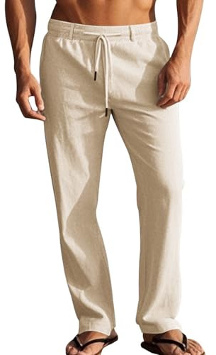 LAOARA Pantaloni Cotone Lino Uomo Estivi Yoga Pantalone Casual Larghi con Elastico in Vita Uomo Cachi L