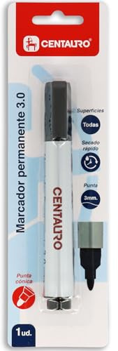 Centauro - Pennarello permanente nero, 3 mm, punta conica, asciugatura rapida, inchiostro base olio, adatto a tutti i tipi di superfici, metallo, vetro, stagno, plastica, pellicola fotografica, legno,