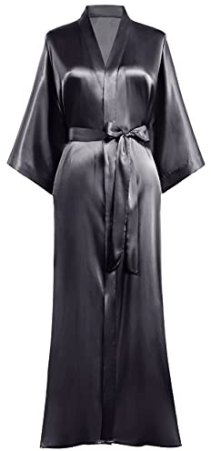 PRODESIGN Dam satin kimono rock – lång med bälte, enfärgad lätt nattlinne sovrock, Mörkgrått sammetstyg, one size