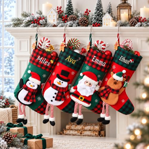 Infiher Personalized Christmas Stockings with Embroidered Name & Monogram,Custom 3D Xmas Character Stocking 1 Pack 18” Large,Santa,Snowman & Reindeer Fireplace Hanging Red Burlap Plaid Stockings(E)