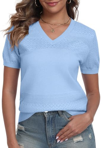 YUNDAI Womens T-Shirts V Neck Short Sleeve Summer Jumpers Ladies Tops Casual Blouse Shirt Textured Knit Patterns Sweater Spring Fall, X-Large Light Blue