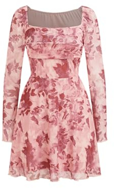 CIDER Women's Floral Mini Dress Long Sleeve Square Neck Ruched A Line Party Cocktail Club Dresses Pink