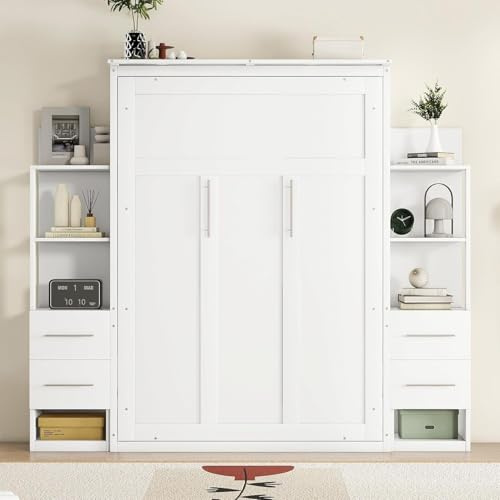 MERITLINE Queen Murphy Bed with Storage Bookcase Shelves & Drawers,LED Lights,Folding Wood Murphy Wall Bed Cabinet with Storage for Adults (White)