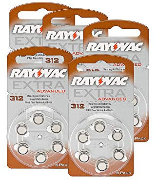 30 Cells Rayovac Extra Advanced Hearing Aid Batteries 312 1,45 V 180 mAh, 5 x Pack of 6