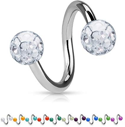 Treuheld® | 1.2mm x 8mm Piercing Spirale/Twister Silber | 3mm Kristall Piercing-Kugeln | Klar - Transparent | Chirurgenstahl | Nabel, Ohr