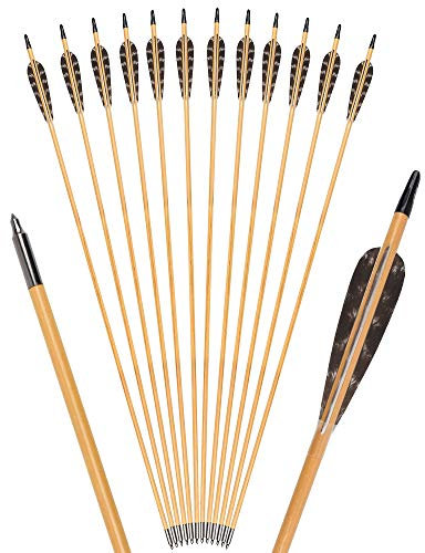 TY Archery 12 Stück 32 Zoll Holzpfeile mit 4 Zoll Naturfedern Pfeile für bogenschießen Pfeile aus Holz Jagdpfeile in Handarbeit für traditionellen Bogen Recurvebogen Langbogen