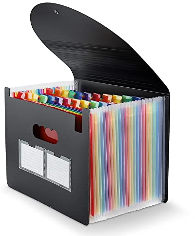 Maimis Expanding File Folder, 24 Pocket Accordion A4 Letter Size Portable Document Organizer with Colored Tabs, Expandable Bill Coupon Folder - Black
