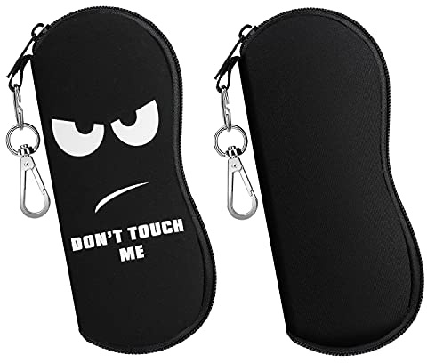 MoKo Étuis à Lunettes, Lot de 2 Pochette à Lunettes de Soleil en Néoprène avec Crochet Portable, Étui Souple pour Lunettes à Fermeture Éclair Anti-rayures pour Homme Femme - Noir + Don't Touch Me