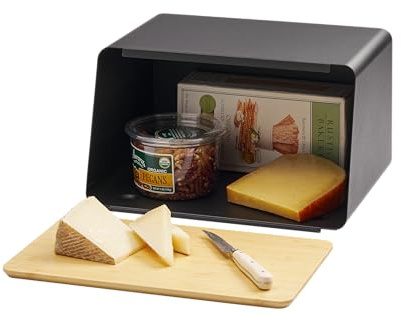 Yamazaki 5291 TOWER Brotkasten mit Deckel, Schneidebrett, schwarz, Stahl/Bambus, Minimalistisches Design, 31,5 x 24,5 x 18,5 cm (LxBxH)