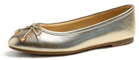 Feversole Women's Soft Cushion Comfort Round Toe Metal Trim Fashion Ballet Flats Walking Shoes Gold Grain Vegan Leather 7