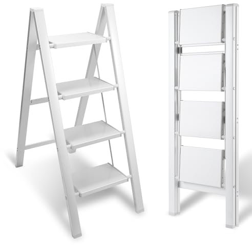 Eulenke échelle Pliante en Aluminium, Escabeau Pliant léger, 4 marches avec Patins en Caoutchouc antidérapants, capacité de Charge jusqu'à 150 kg, échelle de Bureau, Blanc