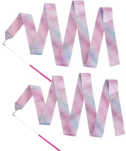 Sufune 2 Stück Gymnastikband mit Stab, 200cm Gymnastikband Kinder Tanzen Streamer Rhythmische Sportgymnastik Band