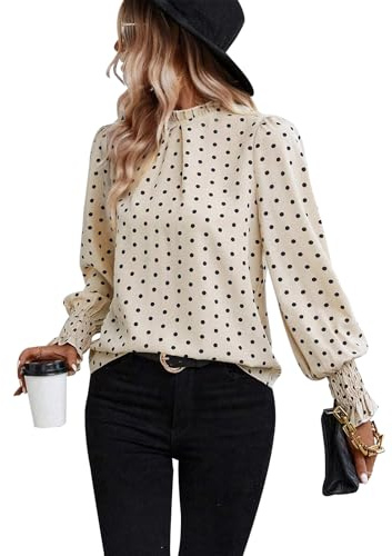 ZOOMOON Blusa de Lunares para Mujer, de Manga Larga, con Volantes abombados, para otoño, Plisada, Cuello Alto, túnica, Caqui, M