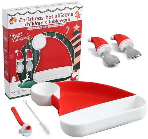YCSYHQQX Weihnachtsgeschirr Set, 5 Stück Baby Geschirrset, Silikon Kindergeschirr Set, Babygeschirr mit Gabel und Löffel, Geschirr Set Weihnachten Kinder, Schönes Geschenk für Babies