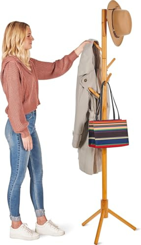 Ceciliec Coat Rack Free Standing - Wooden Coat Tree with 6 Hooks - Coats, Purses, Hats - Adjustable Sizes, Easy Assembly (Natural)