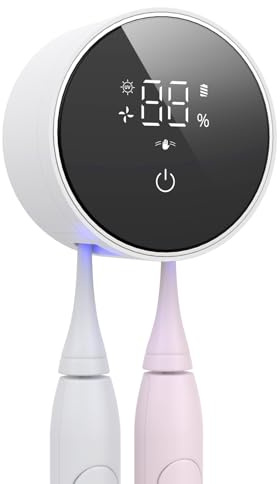 LifeBasis Esterilizador Cepillo Dientes UV Secado a 60°C Soporte Cepillo de Dientes Eléctrico Desinfección Eficiente Pantalla LED Montaje sin Taladrar, Batería Duradera 33 Días para Familia y Viaje