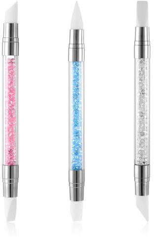 3 st nagelkonstskulpturpenna, dubbla tippade silikonnagelverktyg, silikonhuvud akrylhandtag nagelkonstborstar, strass nagellack snidpenna, nagelkonstverktyg för hemsalong (vit, rosa, blå)