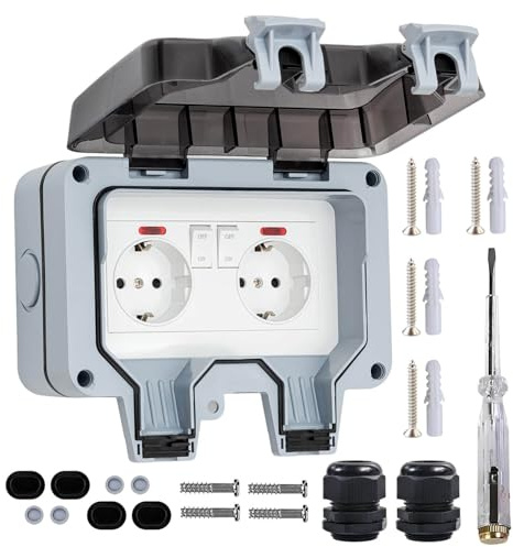 QUTIASE Außensteckdose Aufputz Wasserdicht IP66 mit Schalter und Licht, Gartensteckdose Wetterfest Schutzkontakt 2-fach, Outdoor Steckdose Wasserdicht, Wandsteckdose außen für Garten den Aussenbereich