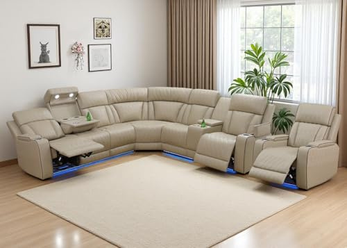 Anthato Power Sectional Recliner Sofa Set, Living Room Furniture Sets, Leather Reclining Couch & Chair Set, Corner Couches with Cup Holders/Coffee Table/Charging for Home/Office(Sectional+Chair,Khaki)