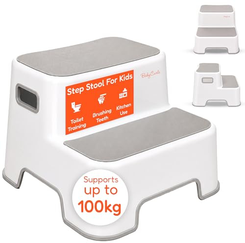 Babycurls Childrens Double Step Stool – Non-Slip 2 Step Up for Toddlers with Handles, Sturdy for Kids Potty Training, Bathroom & Kitchen Use – Supports up to 100kg