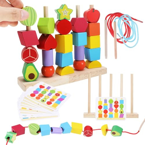 CIGTSICO Montessori Wooden stacking toys, threading toys for 2 year olds, Fine Motor Skills Toy for 2 3 4 Years Old Boys Girls Educational Gifts toddler learning Set