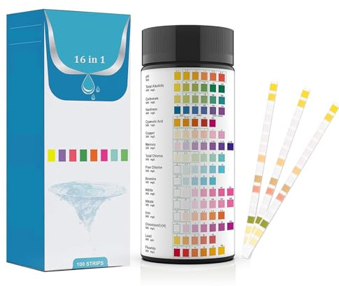Tiras de Prueba de Agua 16 en 1 (100 Piezas), Kit de Prueba de Agua para PH, Análisis Rápido De PH, Cloro Libre, Dureza, Plomo, para Piscina, Agua Potable, Acuario y Spa