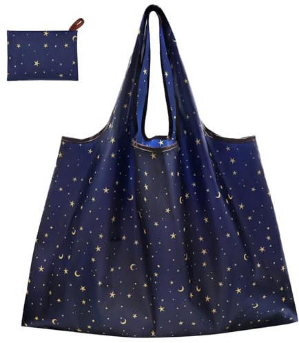 CHEESANHERR Bolsa Compra Plegable, Bolsa Tela Grande, Bolsas Reutilizables Compra, Tote Bag Hombre Mujer, Shopping Bag Supermercado Portátil Lavable, 53 X 66 cm (Estrellas Negras)