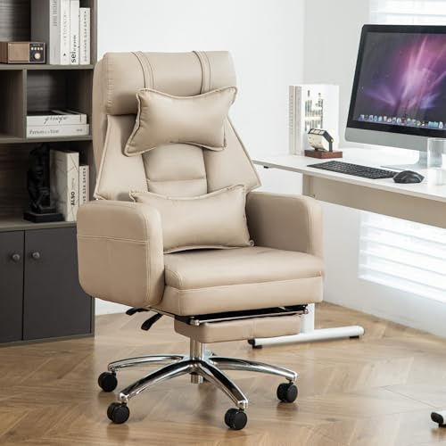 HaoChrymec Sedia da Ufficio in Tessuto Tecnologico, Reclinabile 155° con Poggiapiedi e Supporto Lombare, Sedia Girevole con Poggiatesta, adatta a Studio e Ufficio, Beige, 64x76x108cm