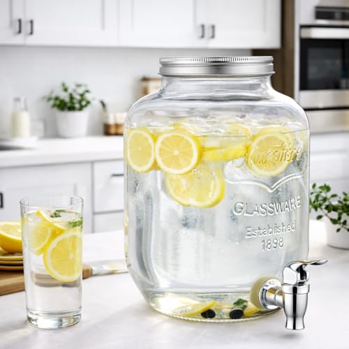 Dispenser Bevande in Vetro 4L con Rubinetto e Tappo Acciaio Ermetico, Barattolo per Acqua, Cocktail e Bibite, 33x20 cm, Contenitore per Feste, Catering, Casa e Giardino, Design Elegante
