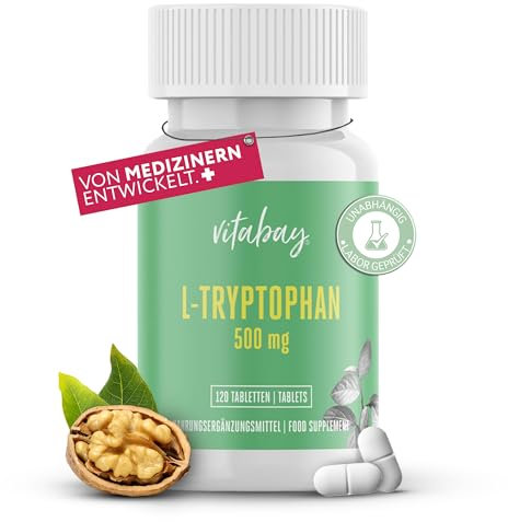 Vitabay L Tryptophan Hochdosiert 500mg - 120 Tabletten L-Tryptophan Vegan & Laborgeprüft - Triptofan Ltrypthophan ohne unerwünschte Zusatzstoffe