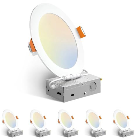 Amico 6 Pack 6 Inch 5CCT Ultra-Thin LED Recessed Ceiling Light with Junction Box, 2700K/3000K/3500K/4000K/5000K Selectable, 12W Eqv 110W 1050LM Brightness Dimmable Canless Wafer Downlight, ETL & FCC