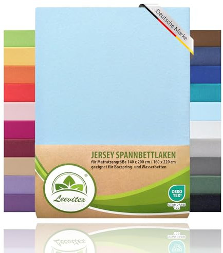 leevitex® Premium Spannbettlaken 140x200-160x220 cm - 40 cm Steg - auch für Boxspringbett & Wasserbett | 100% Mako-Jersey-Baumwolle | ÖKO-TEX | 170g/m² | Hellblau/Himmelblau