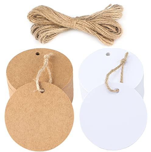 200 piezas Etiquetas de Papel Kraft Redondas 5,5cm, Etiquetas Regalo + 30M Cuerda de Yute, para Bodas Baby Shower Navidad Artesanía (Marrón + Blanco)