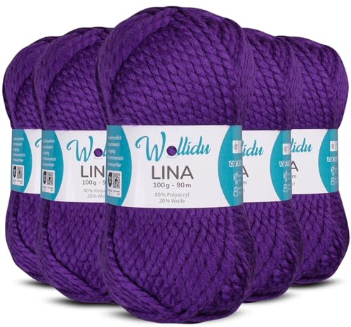 Wollidu Lina Wolle zum Stricken und Häkeln 500g 80% Polyacryl 20% Schafwolle Mulesing-frei Oeko-Tex 5x 100g/90m Häkelwolle/Strickwolle - Violett