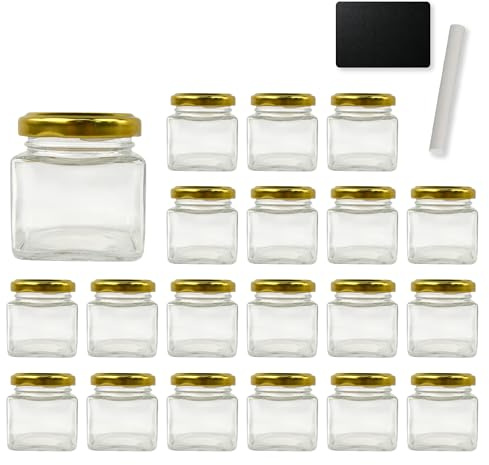 Espirito Rebelde 20 vasetti di vetro quadrato per spezie, 80 ml, con coperchio + 20 ardesie + gesso, barattoli portaoggetti da cucina, spezie, marmellata, yogurt