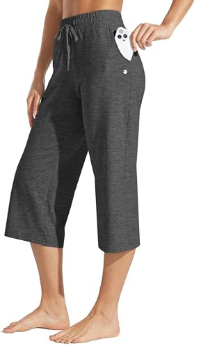 WILLIT capribyxor för kvinnor, bomull, yoga, capribyxor, lediga loungebyxor, breda ben, träning, sweatpants med fickor, 50 cm, GRÅ, XXL