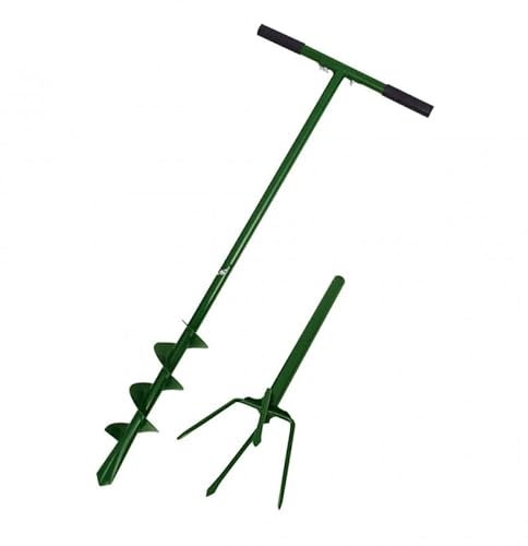 OUTIROR - Tarière Manuelle 2-en-1 avec Bêche à 4 Griffes - Outil Léger et Maniable pour Perçage et Aération du Sol - Livré avec Deux Têtes