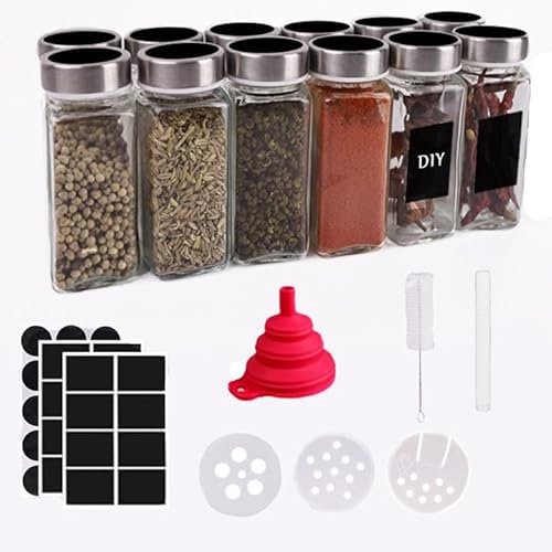 Deodak Barattoli Spezie 12x120ml, Contenitori Spezie per Cucina, Trasparente Barattoli di Vetro Ermetici, Con Setaccio, Etichette, Penna, Spazzola, Imbuto Barattoli Porta Spezie