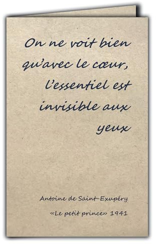 CIT-1016 Carte Citation sur papier naturel avec Enveloppe On ne voit bien qu’avec le cœur l’essentiel est invisible aux yeux Le petit prince de Saint-Exupéry Je t'aime Saint Valentin PACS Mariage