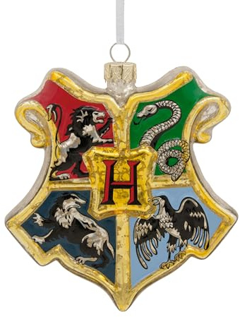 Hallmark Hogwarts Crest glasprydnad, Harry Potter-träddekoration, hängande glasprydnad, julhängande prydnad, gåvor till jul, Gryffindor, Slytherin, Ravenclaw, Hufflepuff