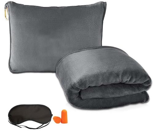 ZHYUAN Coussin de Voyage 2 en 1,Couverture de Voyage Avion,avec Masque pour Les Yeux et des Bouchons d'oreille,Couverture de Voyage Ultra légère et Chaude,Couverture de Voyage en Avio pour Le vol, Le