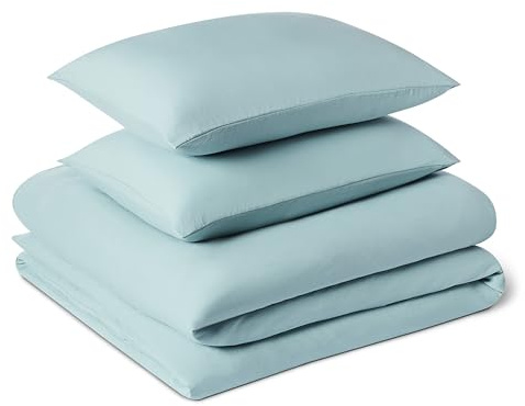 Amazon Basics 3-Piece Brushed Microfibre Double Duvet Set, Extra Soft Bedding, Relaxed Lived-In Look with Natural Creases, No Ironing Required, Duvet Cover 200x200 cm & 2 Pillowcases 50x80 cm, Blue