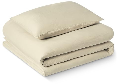 Amazon Basics Juego de Funda Nórdica Cama 80/90 de Microfibra Prelavada, Extra Suave con Efecto Arrugado Natural, Funda de edredón 135 x 200 cm y 1 Funda de Almohada 50 x 80 cm, Beige