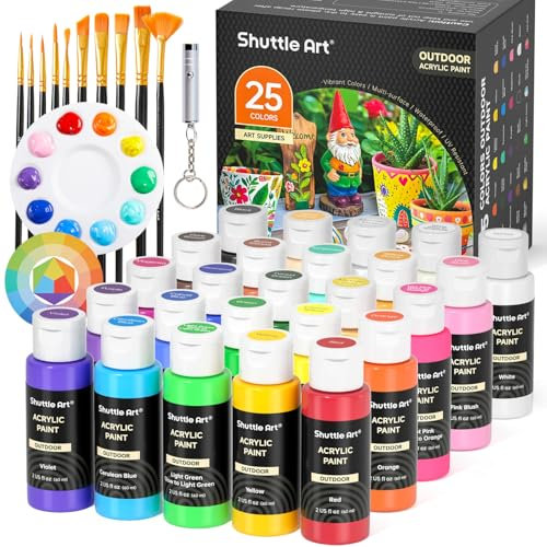 Shuttle Art Peinture Acrylique pour Extérieur 25 Couleurs (60ml) avec 10 Pinceaux 1 Palette, Résistant à l'Eau, Acrylique Peinture à l'Extérieur pour Artistes, Débutants sur Roches, Statues de Jardin