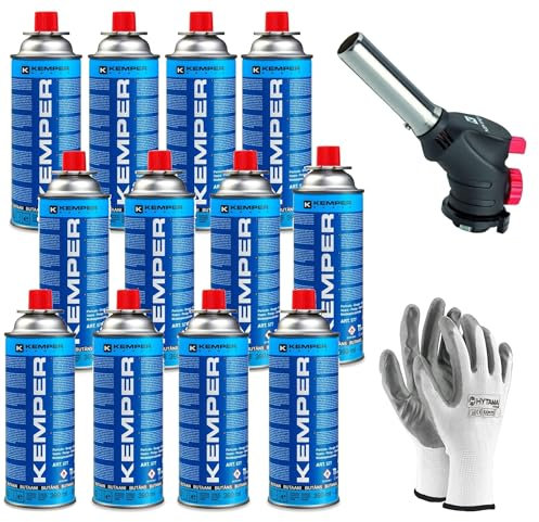 Kemper - Cannello a Gas da Cucina + 12 Ricariche Butano 227g + Guanti Omaggio | Torcia Scottatore Caramellatore Multifunzione per Crème Brûlée, BBQ, Saldature