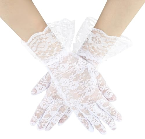 Abeillo Women Lace Gloves Elegant Wedding Gloves Short Tea Party Glove Courtesy Glove for Opera Evening Wedding Tea Party Prom 1920s (White)
